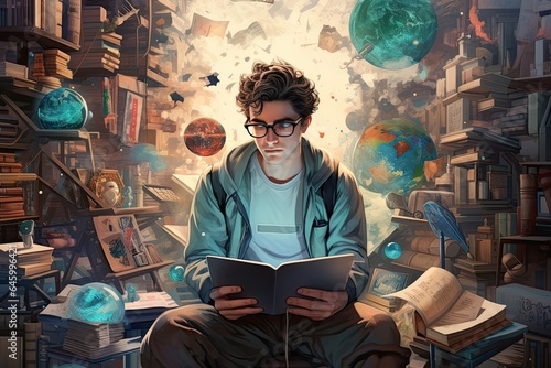Young man reading, a nerd, Education concept, 3D Rendering illustration, Geeky boy reading a book while sitting in the library, exploring the knowledge, fantasy world