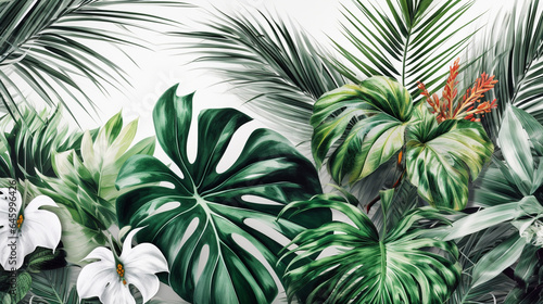 Tropical background with palm leaves and flowers. Vector illustration. generative ai