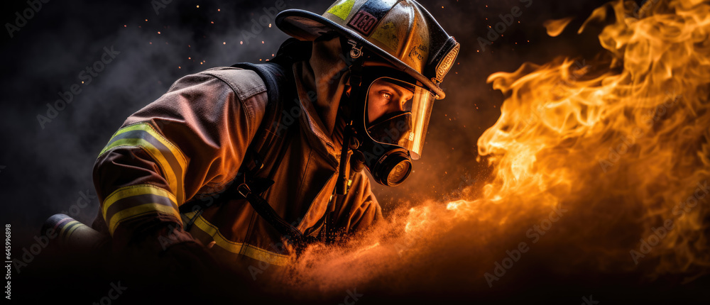 Portrait of a firefighter in equipment. Firemen using water from hose for fire fighting. Portrait of a firefighter in equipment. Firemen using water from hose for fire fighting.