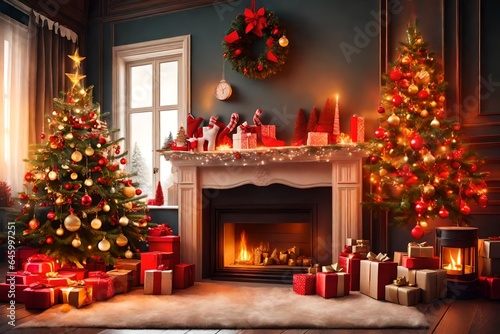 Christmas Room Fireplace Tree Lights, Xmas Interior Home Decoration, Hanging Sock and Presents   white frame mockup blanck copy space for text