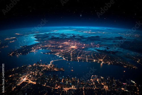 View of earth from a space, oceans and illuminated cities are visible. Earth at he night