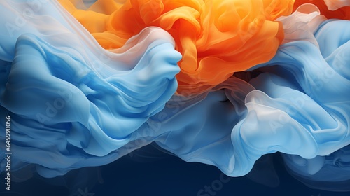 Bright blue and orange smoke clouds mix together, effects. Abstract colorful smoke background concept. Illustration beautiful multicolored cloud splashes. 3D rendering. AI generated. .