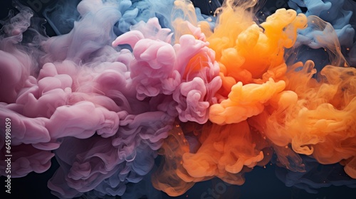 Bright orange and gray smoke clouds mix together, effects. Abstract colorful smoke background concept. Render of beautiful multicolored cloud splashes. 3D rendering. AI generated. .