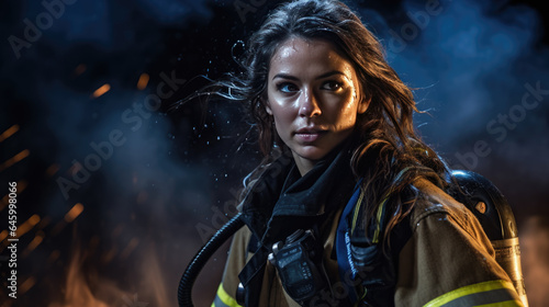 Portrait of a female firefighter in equipment against the smoke from the fire