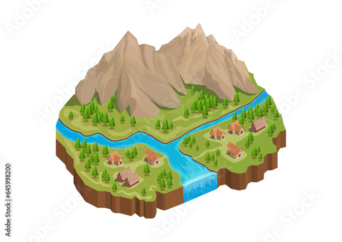 Isometric mountain with river and village