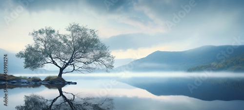 Lake landscape with tree and mountains. 