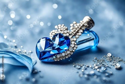 brooch with a diamond, in love shape, sparkle in blue color, in a glass bottle