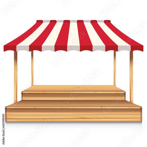 Wooden market stall with red and white striped awning isolated on white background.