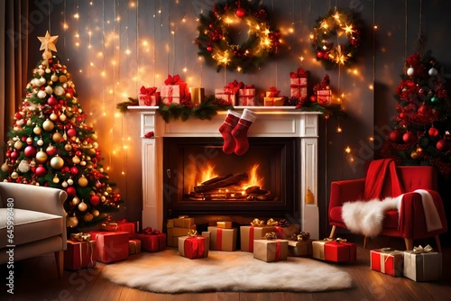 Christmas Room Fireplace Tree Lights, Xmas Interior Home Decoration, Hanging Sock and Presents   white frame mockup blanck copy space for text