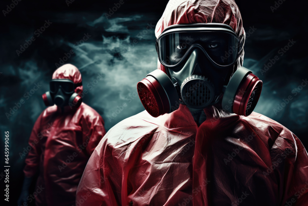 Scientist Doctor in Red Hazmat Suit and Mask, Virus Protection, Contagions, COVID, Flu, Outbreak, Ebola, African American Man, Woman, Generative AI