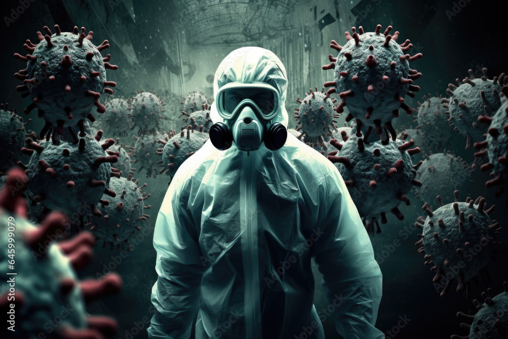 Scientist Doctor in Hazmat Suit and Mask, Surrounded by Virus, Protection, Contagions, COVID, Flu, Outbreak, Ebola, Person, Generative AI - obrazy, fototapety, plakaty 