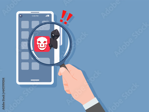 Fraud scam virus and steal private data on mobile devices by unknown fake app from hacker. Vector illustration flat design for cyber security awareness concept.