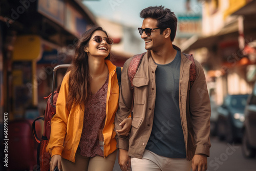 Happy indian couple tourist holding bag wearing sunglasses and enjoying journey