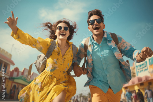 Fényképezés Happy indian couple tourist holding bag wearing sunglasses and enjoying journey