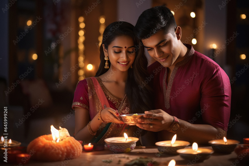 Young indian couple holding oil lamp in hand and celebrate diwali festival. Young indian couple holding oil lamp in hand and celebrate diwali festival.