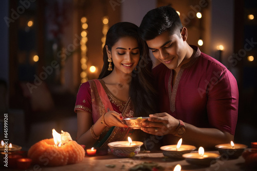 Young indian couple holding oil lamp in hand and celebrate diwali festival.