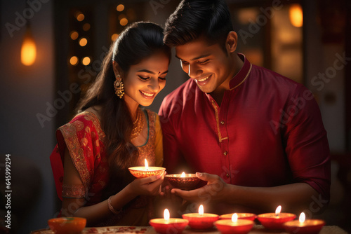 Young indian couple holding oil lamp in hand and celebrate diwali festival.
