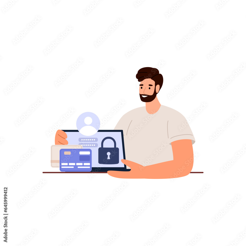 Cyber safety cyber security and privacy concept. Cyber defender and laptop. Vector illustration of Security, Personal Access, User Authorization, Internet and Data Protection, Cybersecurity.