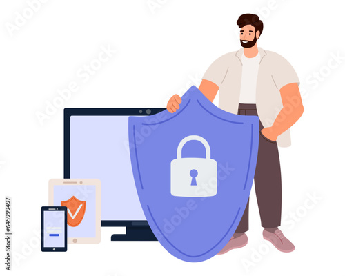 Cyber safety cyber security and privacy concept. Man holding online protection shield as symbol of defense and secure. Person defending and protecting data. Vector illustration.
