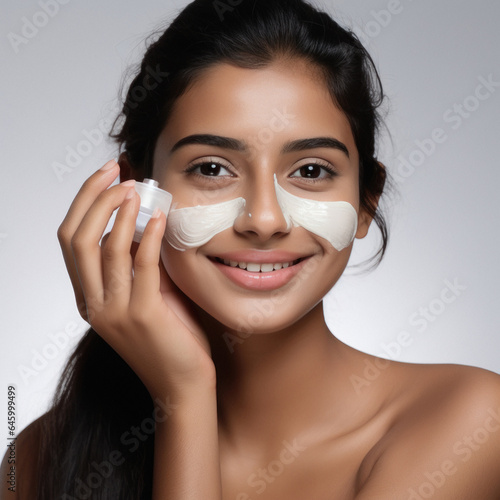 young woman applying cream on skin. self care or skin care concept.