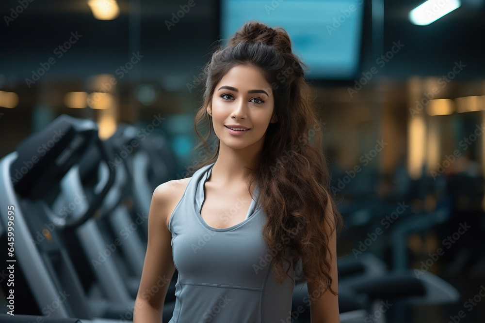 Obraz premium Young muscular woman standing at gym.
