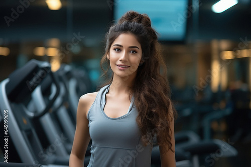 Young muscular woman standing at gym.