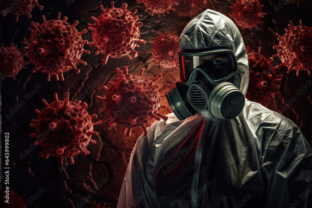 Scientist Doctor in Hazmat Suit and Mask Surrounded by Red Virus, Protection, Contagions, COVID, Flu, Outbreak, Ebola, Person, Generative AI Scientist Doctor in Hazmat Suit and Mask Surrounded by Red Virus, Protection, Contagions, COVID, Flu, Outbreak, Ebola, Person, Generative AI