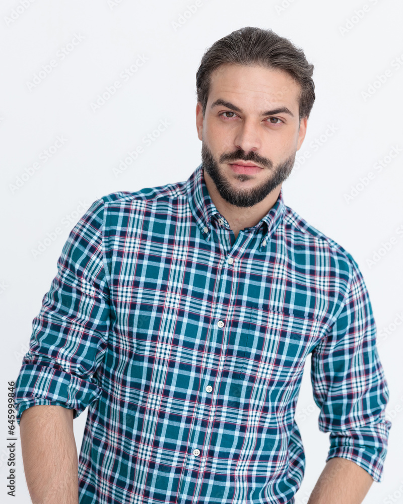portrait of casual young man in plaid shirt looking forward and posing portrait of casual young man in plaid shirt looking forward and posing