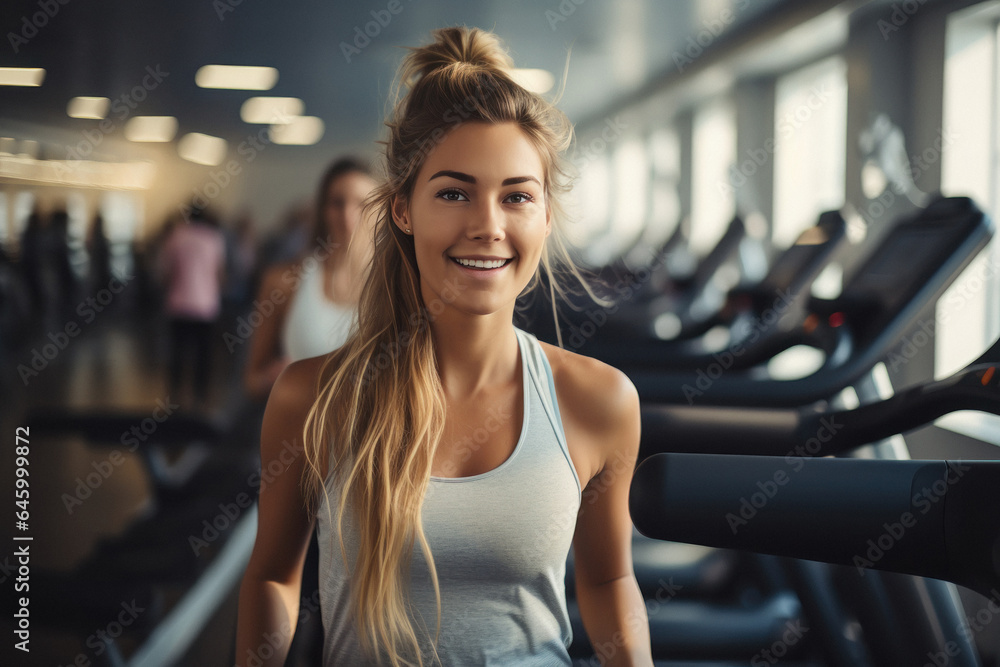 beautiful muscular woman running on treadmill.
