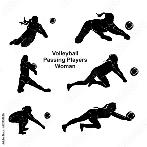 Silhouettes of female volleyball players passing the ball. holding the ball, defense, blocker, vector illustration