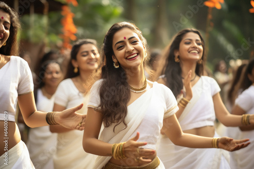 Indian women group in traditional saree and dancing together