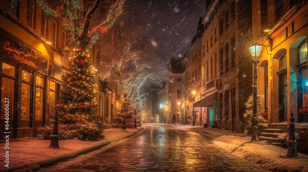 The snowy town glows with twinkling lights, offering a serene and magical winter evening filled with holiday cheer. Generative AI