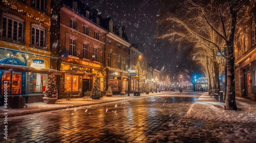Under glowing streetlights, a snowy cityscape mesmerizes. Buildings with twinkling lights frame a vibrant Christmas tree, while cobblestone streets invite new footprints. Generative AI