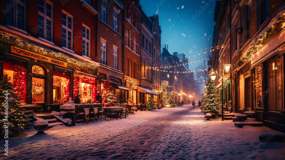 A city street blanketed in snow is lit by festive Christmas lights. Sidewalks and road stretch invitingly from corner to corner, creating a winter wonderland. Generative AI