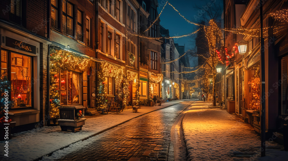 As dusk descends, Christmas lights turn a cobblestone street into an enchanting spectacle. A snow-clad walkway and ornate tree serve as backdrops for a lone dreamer and an audacious skateboarder. Dist