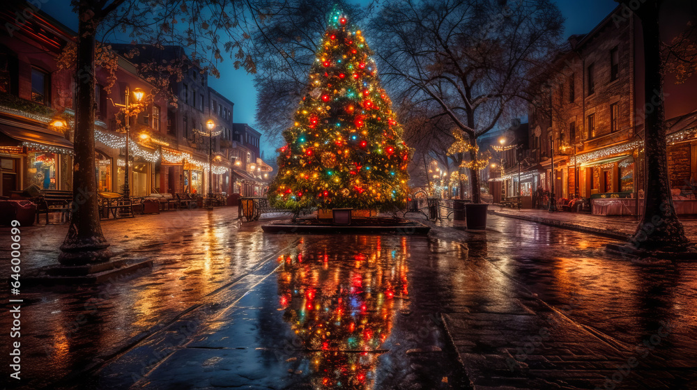 A radiant Christmas tree lights up the rainy city, its glow reflected in puddles, adding a magical ambiance. Another tree in the park serves as a tranquil beacon. Generative AI