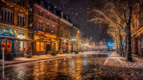 Under glowing streetlights, a snowy cityscape mesmerizes. Buildings with twinkling lights frame a vibrant Christmas tree, while cobblestone streets invite new footprints. Generative AI © Dougie C