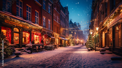 A city street blanketed in snow is lit by festive Christmas lights. Sidewalks and road stretch invitingly from corner to corner, creating a winter wonderland. Generative AI