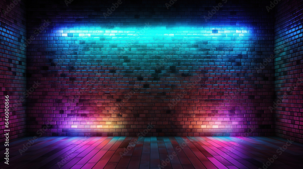 Background of an empty room with brick walls and neon lights iridescent Background of an empty room with brick walls and neon lights iridescent