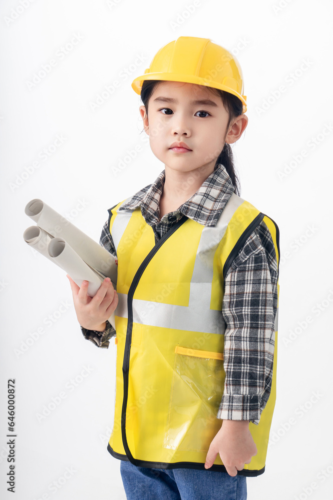 Happiness cute Asian girl wearing yellow Engineer suit on isolate white background Happiness cute Asian girl wearing yellow Engineer suit on isolate white background