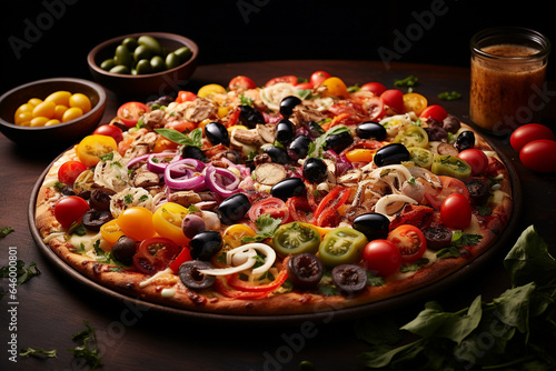 Pizza with mushrooms, onions, green peppers and tomatoes on a wooden table with plates of vegetables in the background