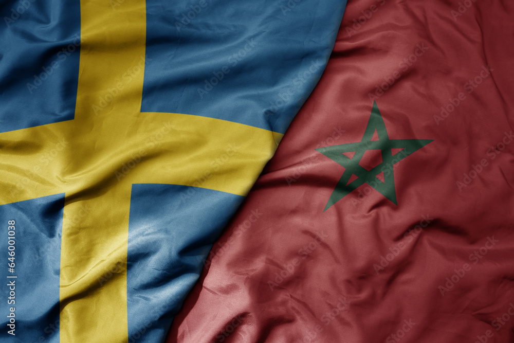 big waving national colorful flag of sweden and national flag of morocco . big waving national colorful flag of sweden and national flag of morocco .