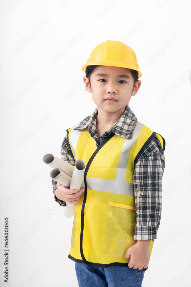 Happiness cute Asian girl wearing yellow Engineer suit on isolate white background Happiness cute Asian girl wearing yellow Engineer suit on isolate white background