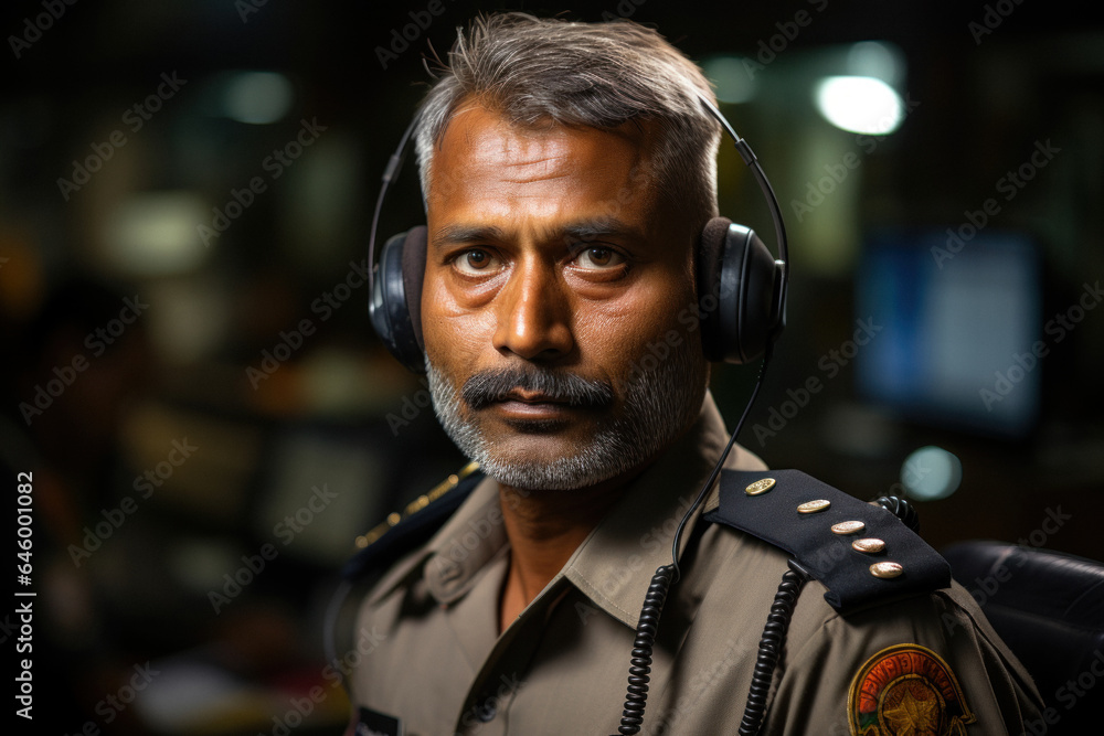 Close up of indian male security guard in surveillance room Close up of indian male security guard in surveillance room