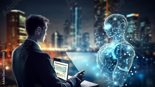 Futuristic artificial intelligent technology concept. Human use artificial intelligent AI robot technology  help improve work process big data analysis problem solving business planning Generative AI.
