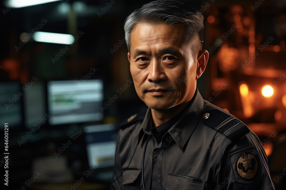 Close up portrait of mature asian male security guard in surveillance room. Close up portrait of mature asian male security guard in surveillance room.