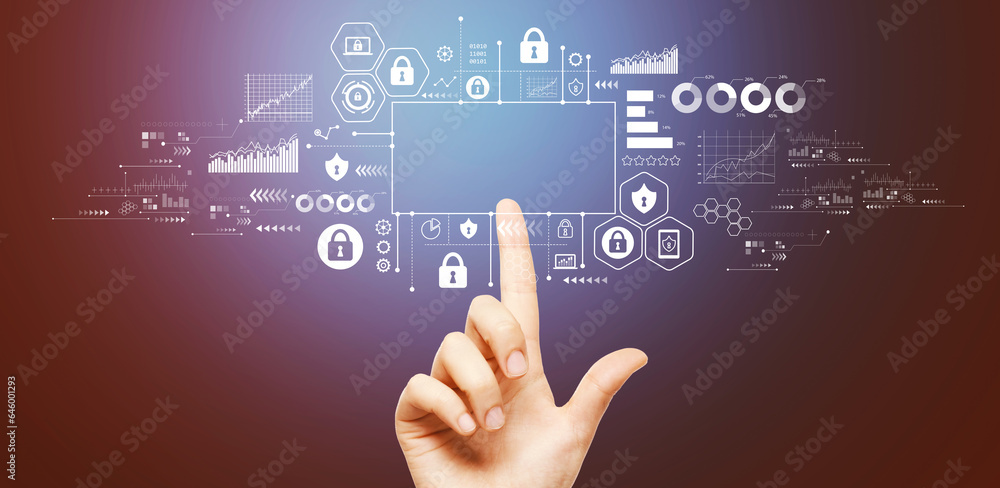Cyber security theme with hand pressing a button on a technology screen Cyber security theme with hand pressing a button on a technology screen