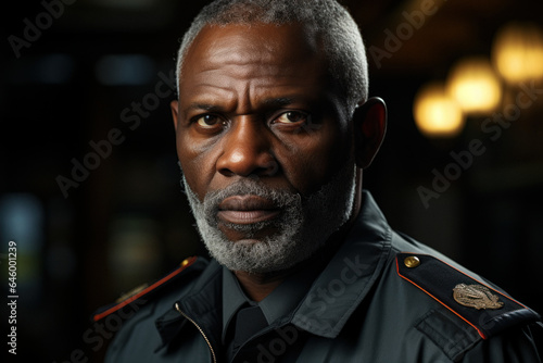Bearded mature african male security guard in surveillance room