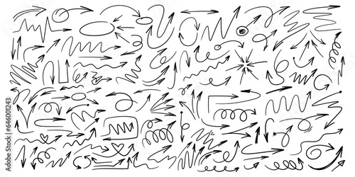 Charcoal hand drawn pencil emphasis arrows. Doodle curved chalk darts. Texture design elements of scribble lines. Vector illustration of hand painted crayon check lines.	
