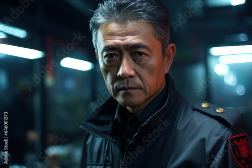 Close up portrait of mature asian male security guard in surveillance room. © sofiko14